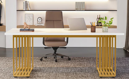 Modern White Executive Desk with Gold Metal Legs – Large Home Office Table.