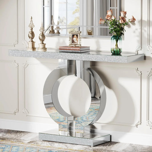 Mirrored Console Table with O-Shaped Base – Glass Accent Foyer & Entryway Sofa Table.