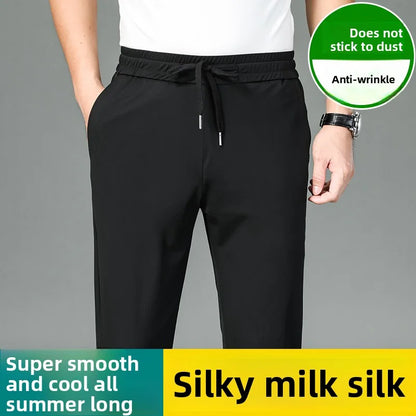 High Quality Ice Silk Stretch New Brand Casual Fashion Strappy Long Pants Elastic Pencil Street Style Teens Trousers Men Clothes