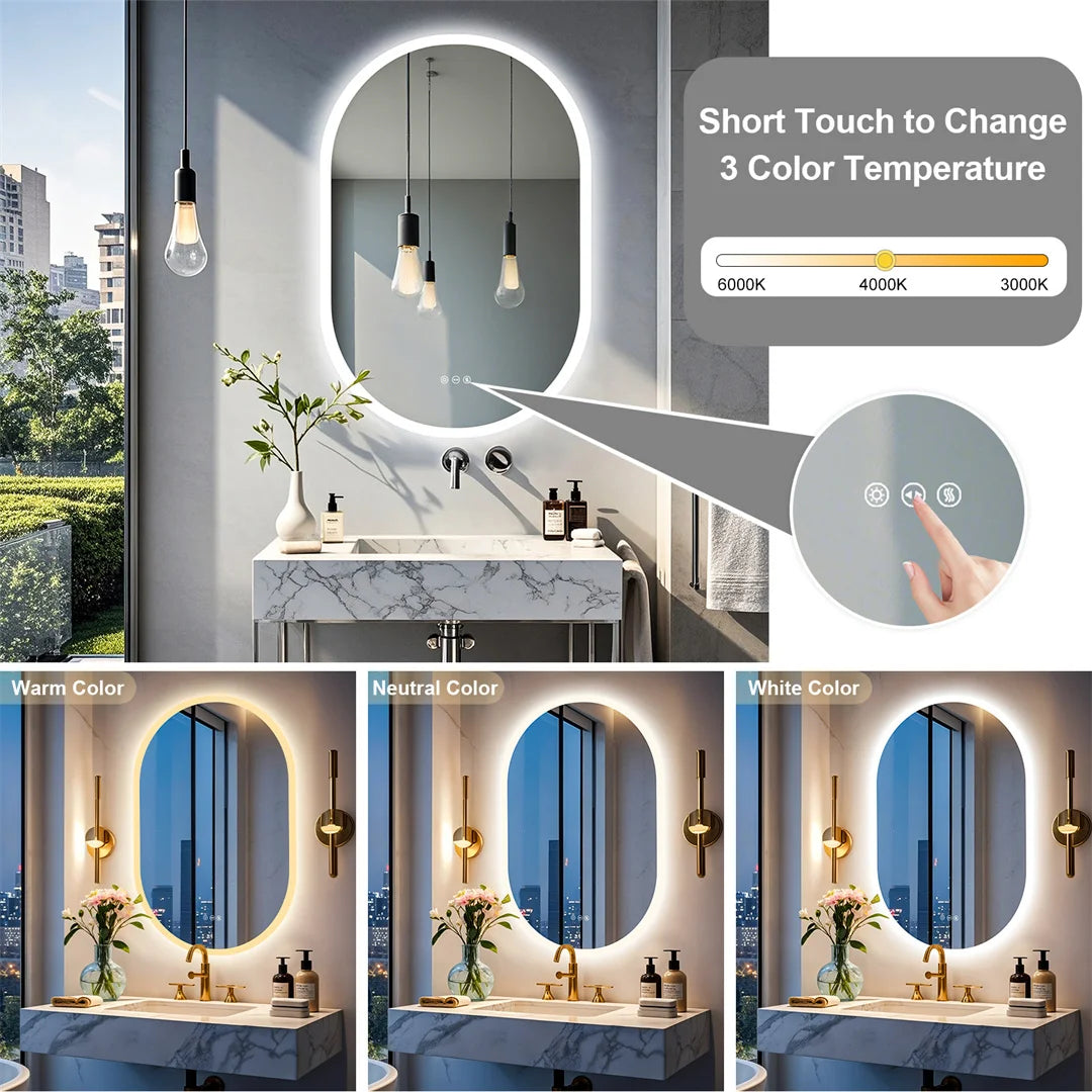 Bathroom vanity with a round mirror featuring LED lighting and color temperature control.