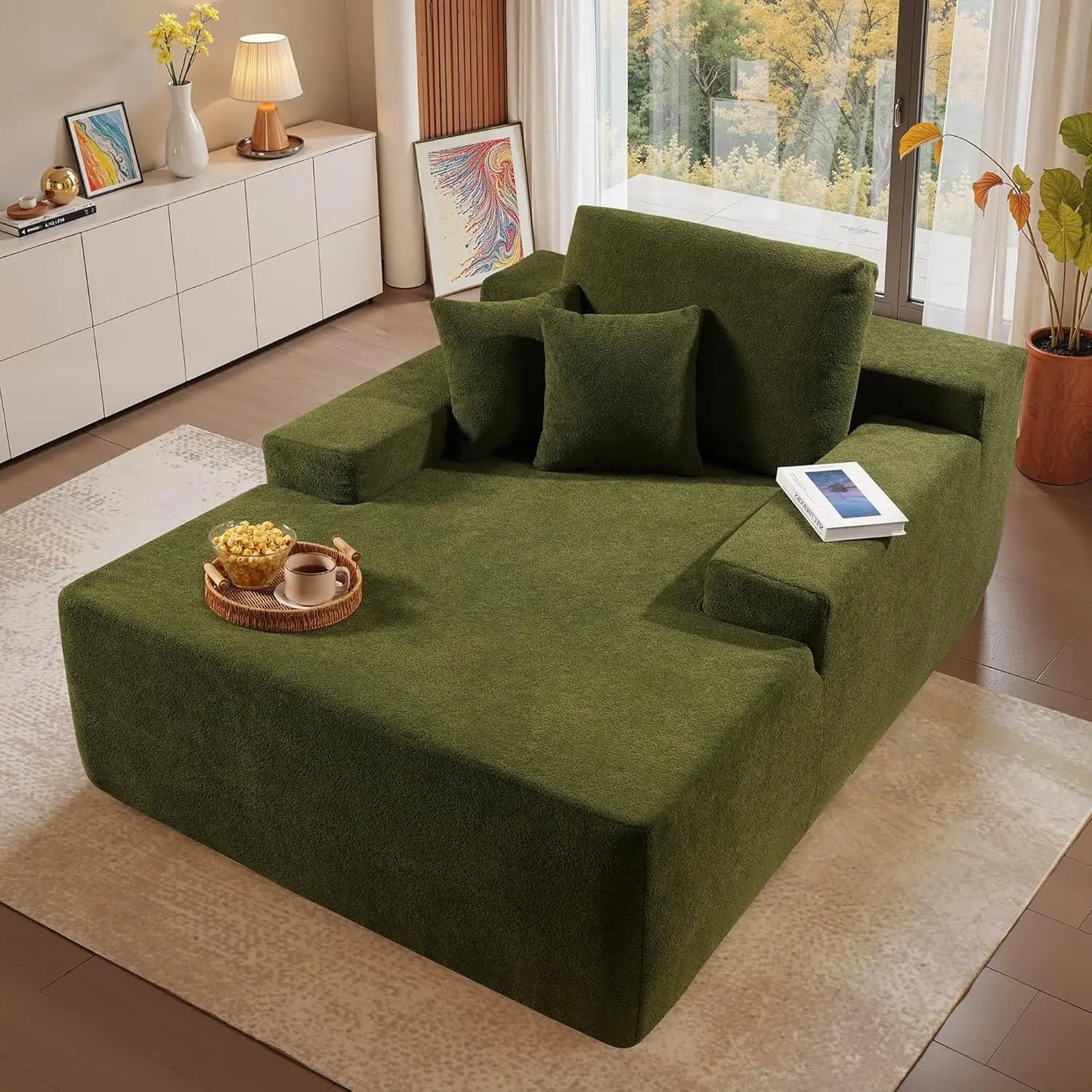 Chaise Lounge Chair Indoor, 67" Oversized Comfy Plush Fur Sleeper Sofa Bed, Boneless Upholstered Recliner Bed with Pillows