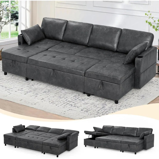 U-Shape Pull-Out Sofa Bed with Adjustable Backrest & Storage Chaises, Suede Leather Sectional.
