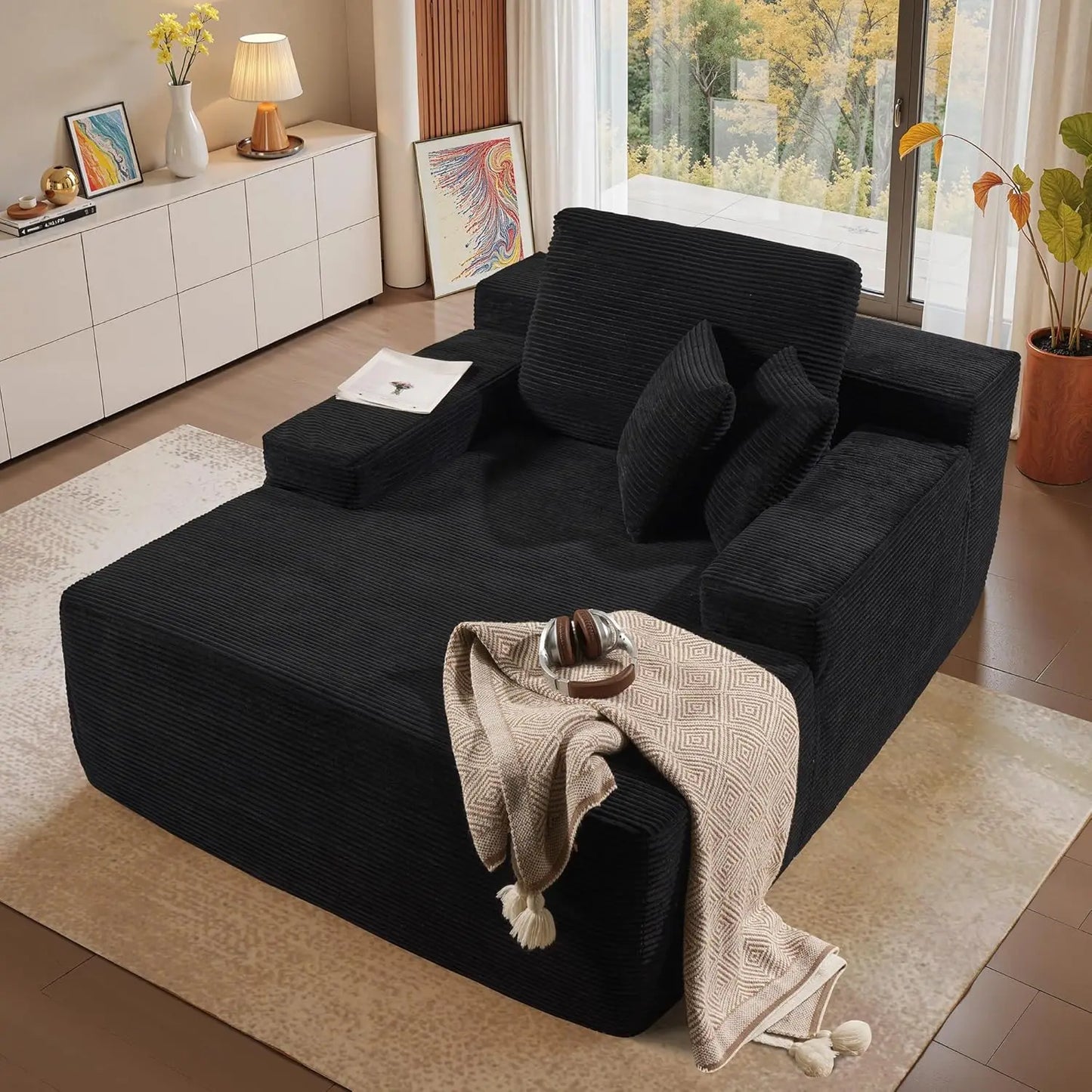 Chaise Lounge Chair Indoor, 67" Oversized Comfy Plush Fur Sleeper Sofa Bed, Boneless Upholstered Recliner Bed with Pillows