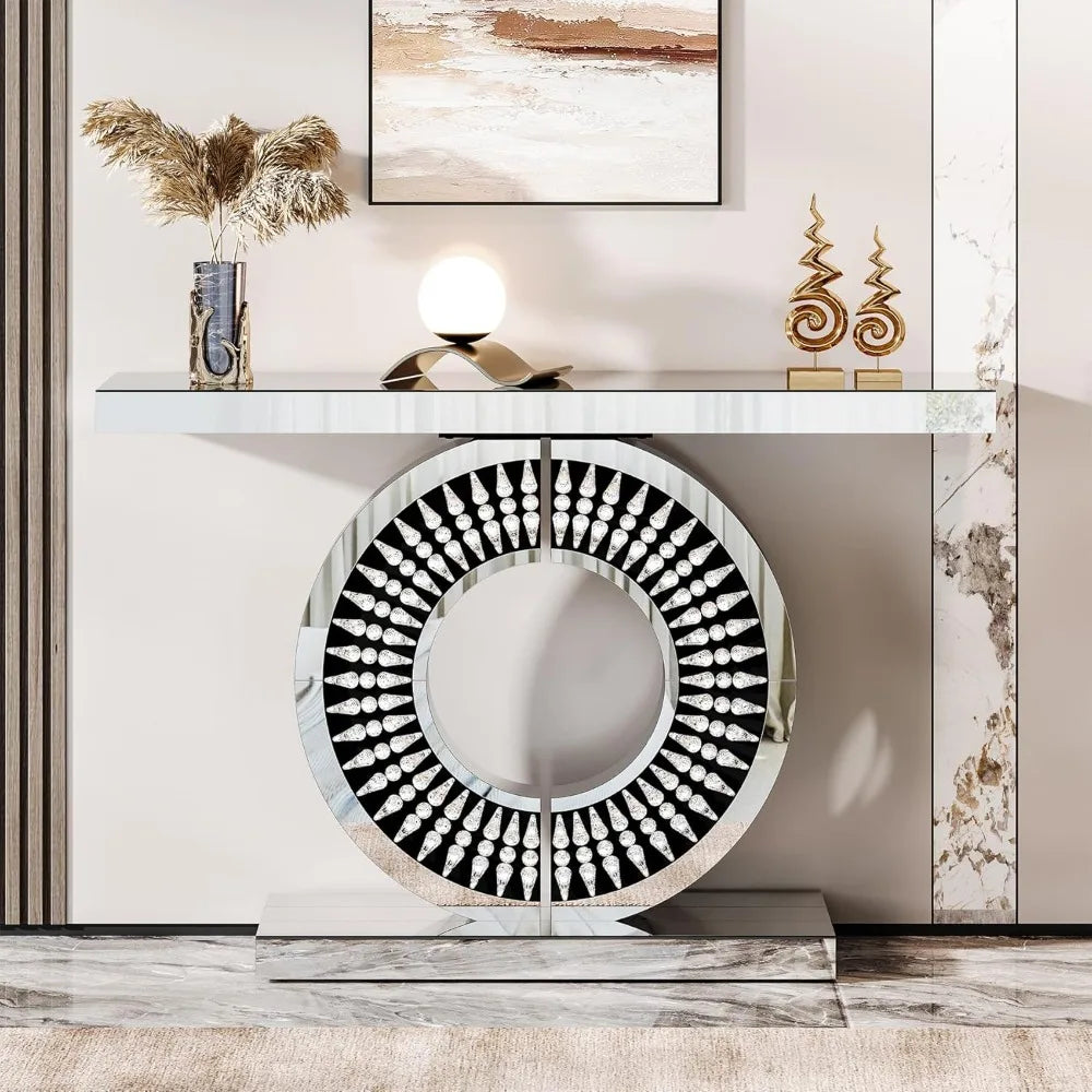 Modern Mirrored Console Table with A Sparkling Crystal-encrusted Base, 43-inch Silver Console Table/decorative Table