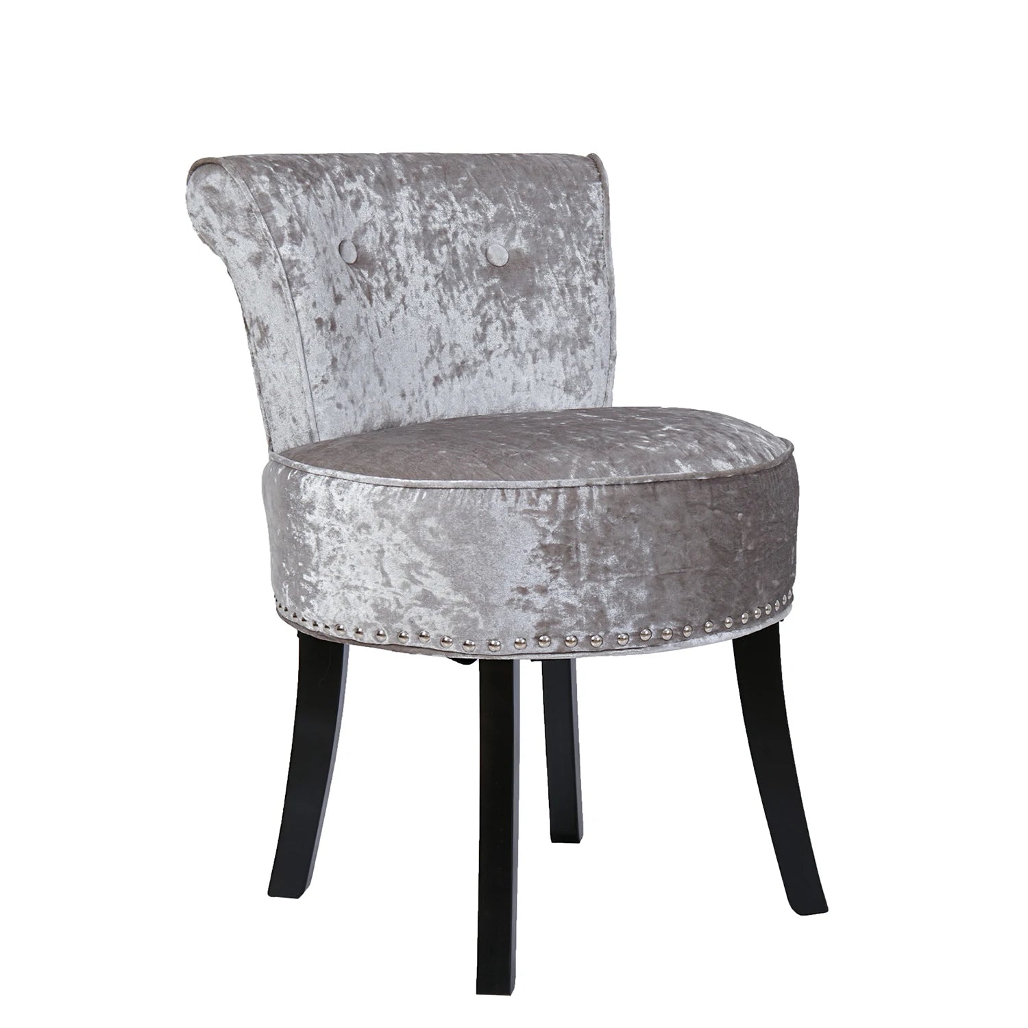 Gray velvet chair with black legs on a white background