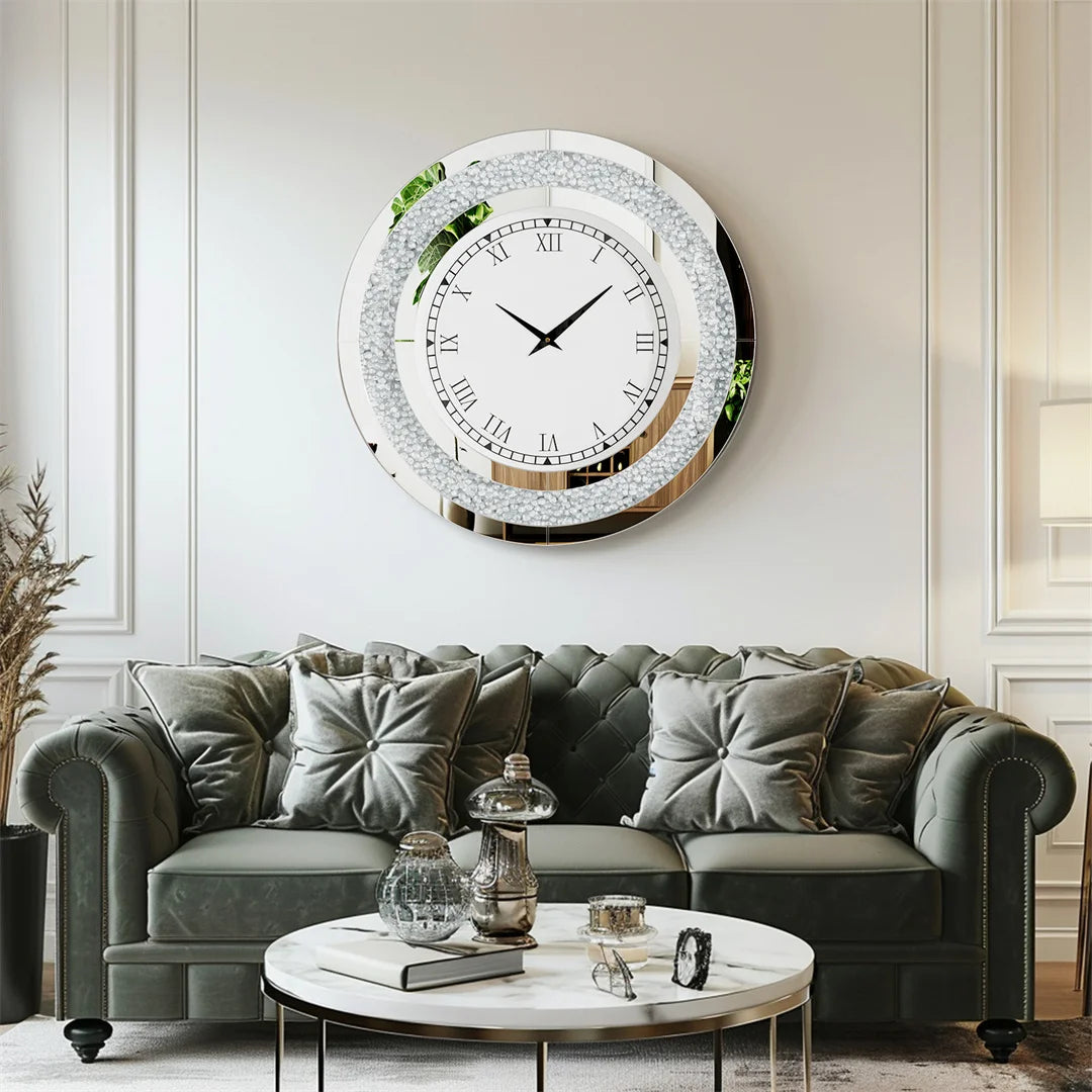 Decorative wall clock with floral design on a wall above a gray sofa.