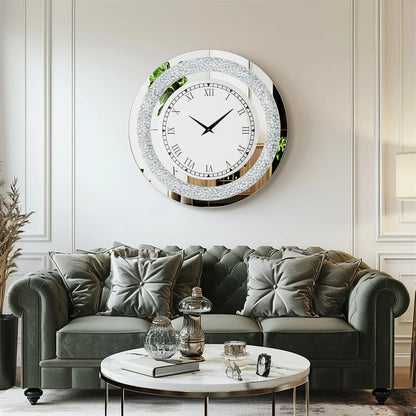 Decorative wall clock with floral design on a wall above a gray sofa.