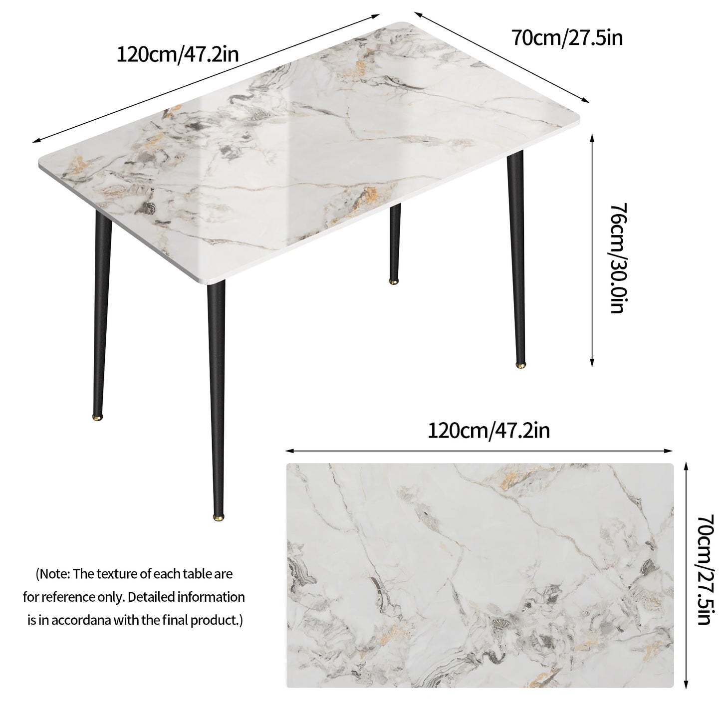 LUVODI 4-6 People Seats Marble Dining Table with Chair 1.2m Restaurant Kitchen Cafe Shop Coffee Table Furniture with Metal Legs