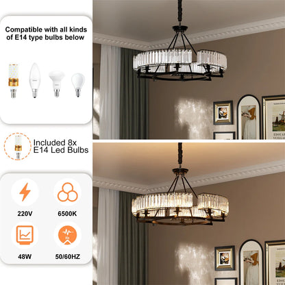 LUVODI Round Crystal Pendant Light Fixture Black Ceiling Chandelier Lamp with 3 Color Lights Adjustable Height