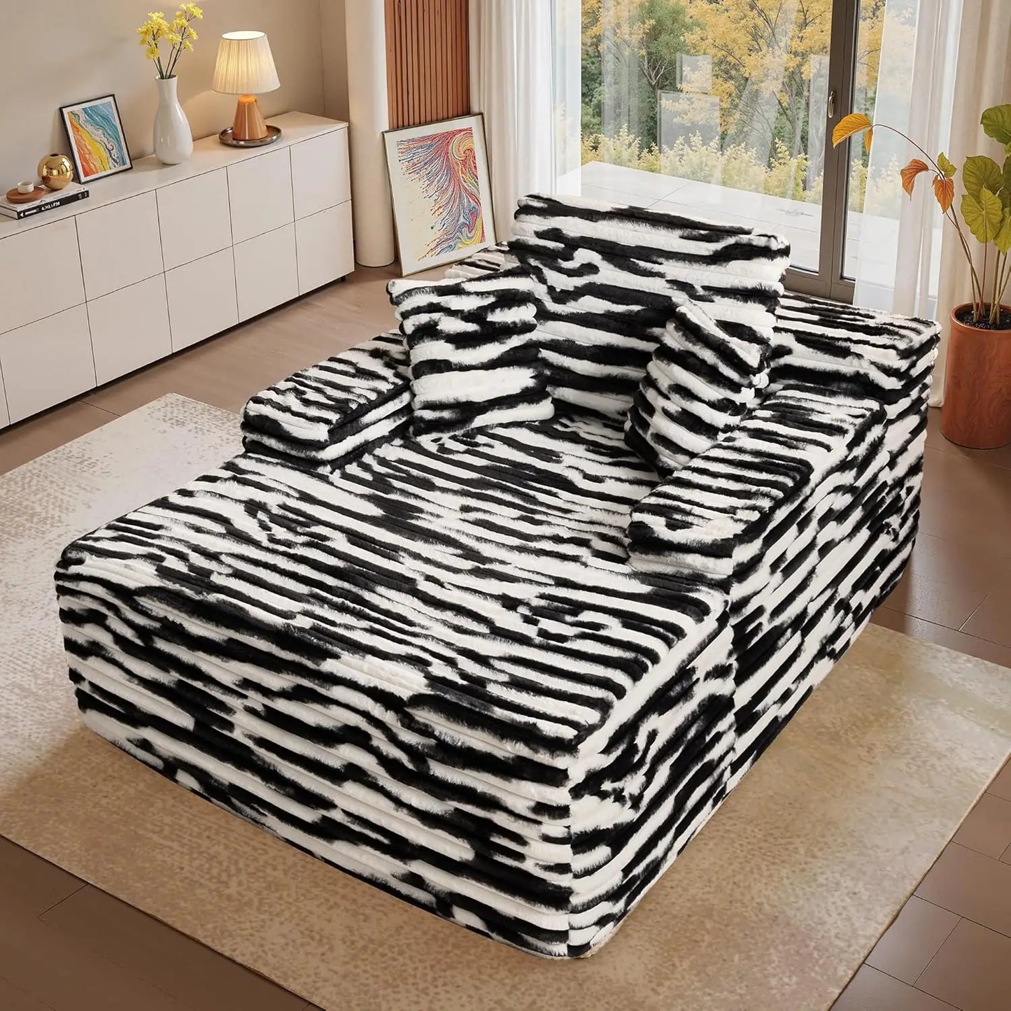 Chaise Lounge Chair Indoor, 67" Oversized Comfy Plush Fur Sleeper Sofa Bed, Boneless Upholstered Recliner Bed with Pillows