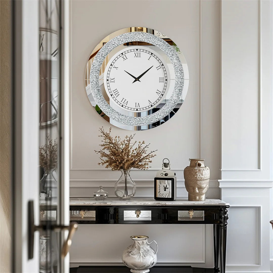 Decorative wall clock with Roman numerals on a wall above a console table.