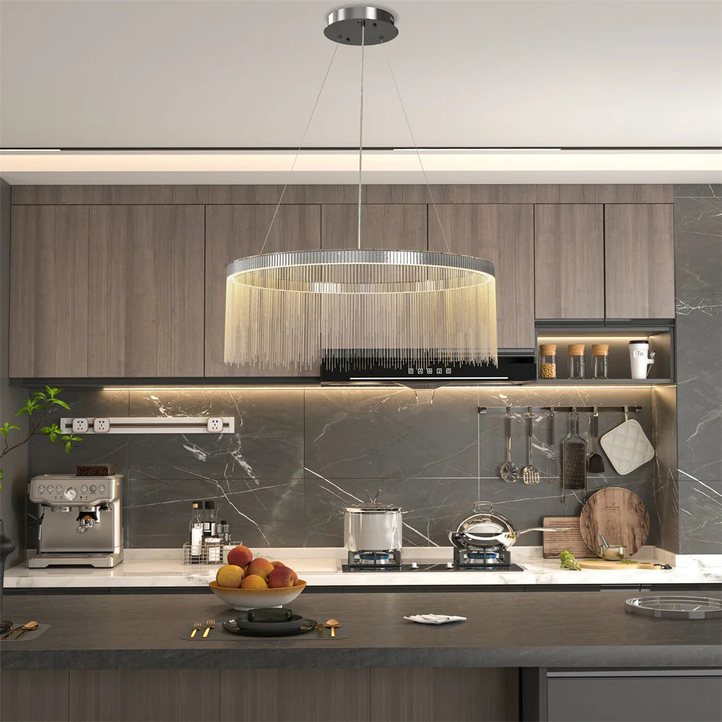 Modern kitchen with a stylish pendant light fixture.