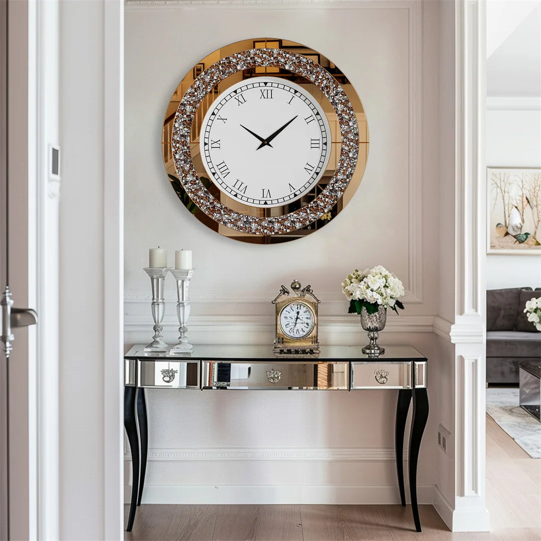 Decorative wall clock with a mirror-like surface in a stylish interior setting.