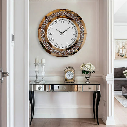 Decorative wall clock with a mirror-like surface in a stylish interior setting.