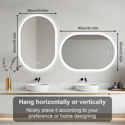 Bathroom vanity with two oval mirrors and dimensions indicated, with a neutral background.