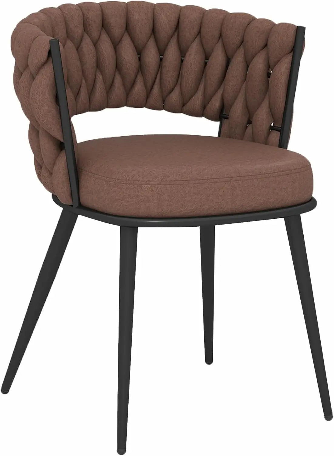 Brown upholstered chair with black metal legs on a white background