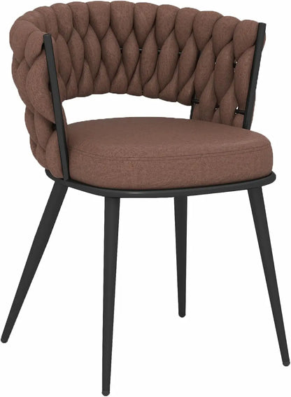 Brown upholstered chair with black metal legs on a white background