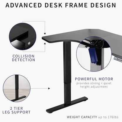 Electric Height Adjustable L-Shaped Standing Desk – 58" x 35", Reversible Black Top, Black Steel Frame.