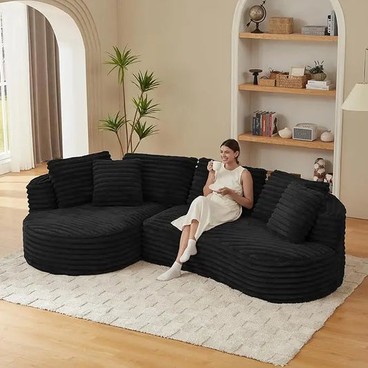 121" Wide Curved L-Shaped Boneless Cloud Sectional Sofa with Chaise – Corduroy Modular Couch.