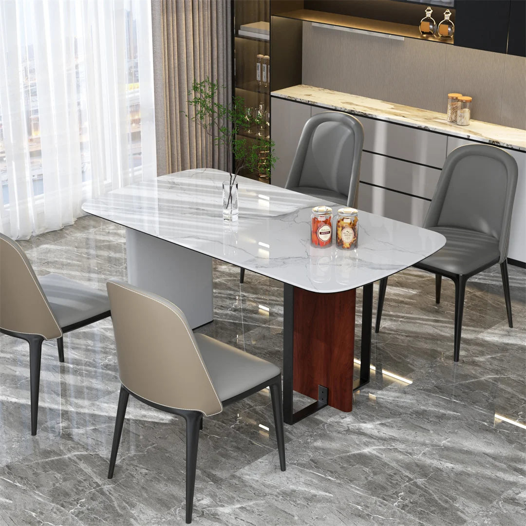 Modern dining room with a marble table and gray chairs in a stylish interior.