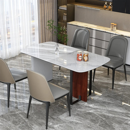 Modern dining room with a marble table and gray chairs in a stylish interior.