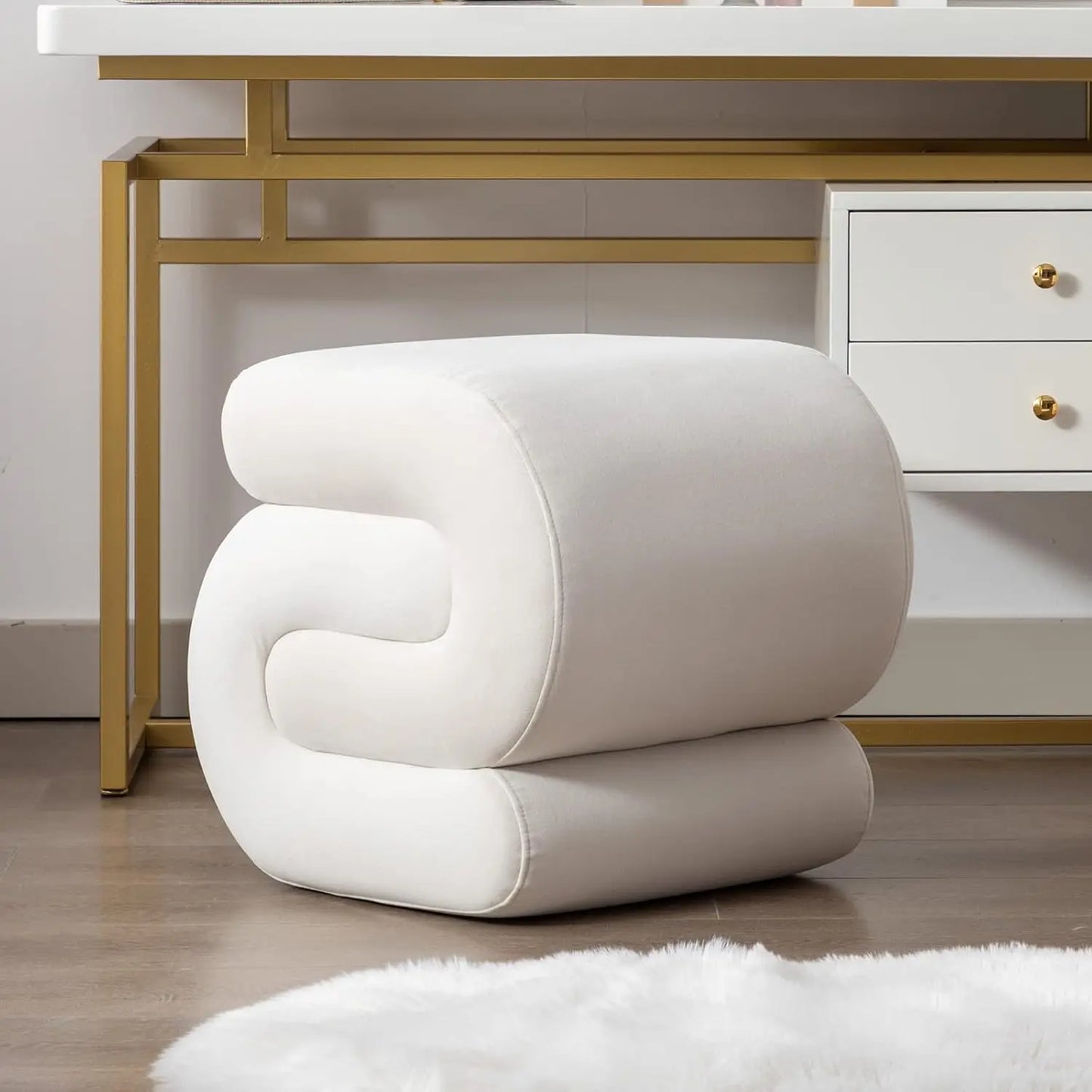 Velvet Vanity Stool – Modern S-Shaped Pouf Ottoman Footrest & Makeup Chair.