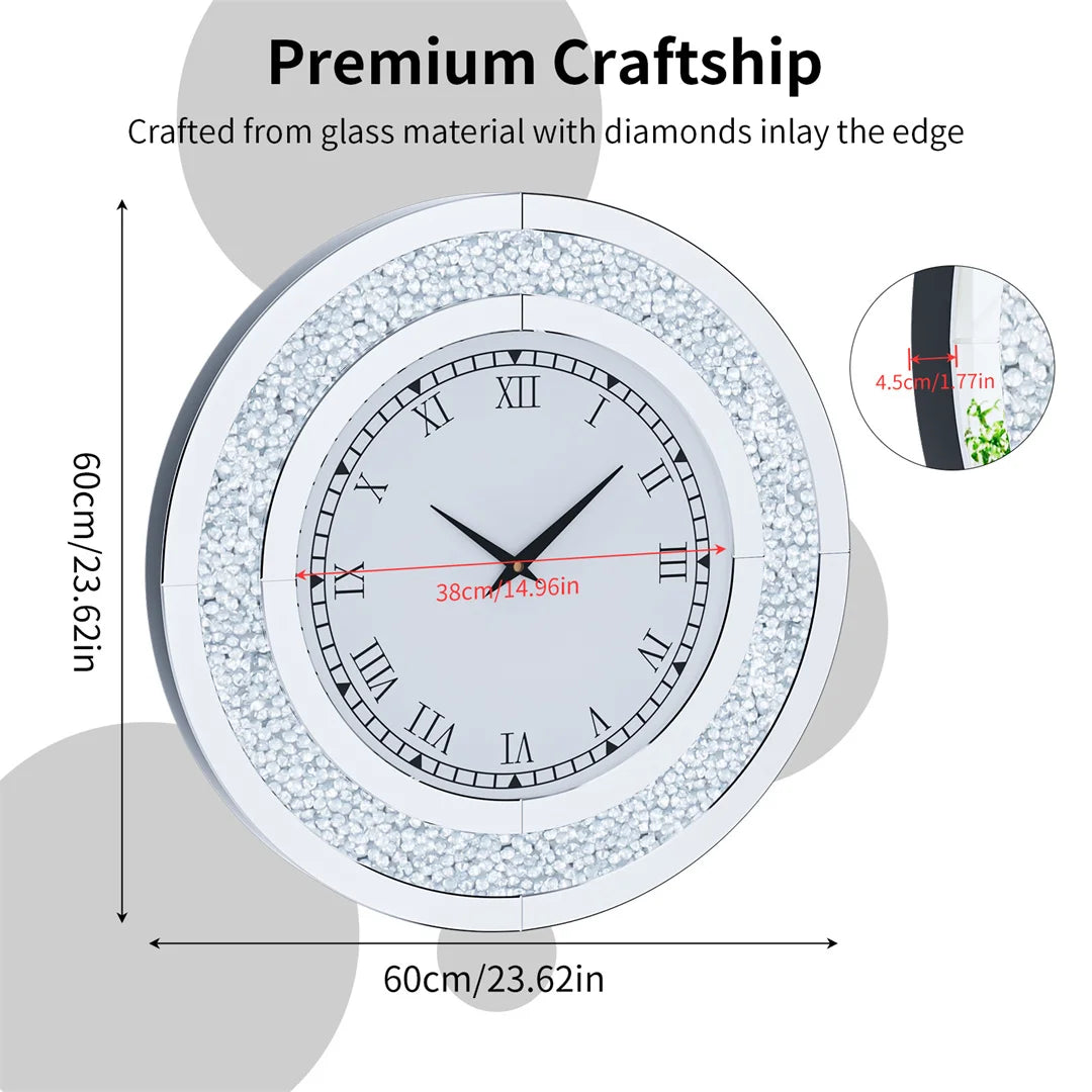 Wall clock with diamond inlay and measurements on a white background