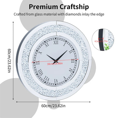 Wall clock with diamond inlay and measurements on a white background