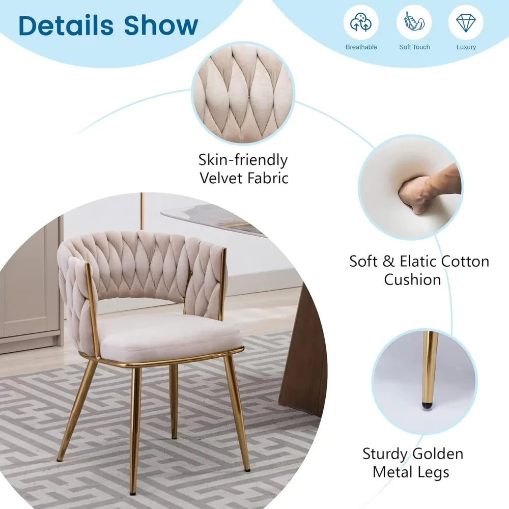 Chair with skin-friendly velvet fabric, soft elastic cotton cushion, and sturdy golden metal legs, shown with product details.