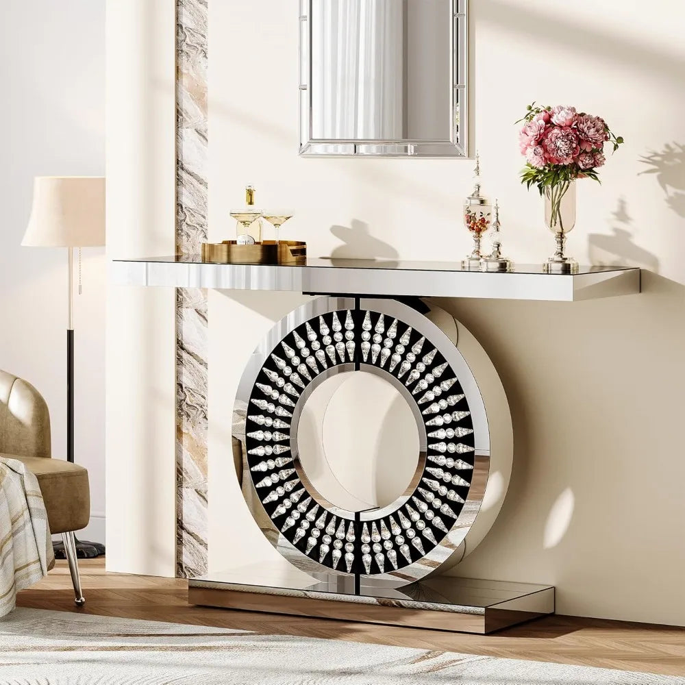 Modern Mirrored Console Table with A Sparkling Crystal-encrusted Base, 43-inch Silver Console Table/decorative Table