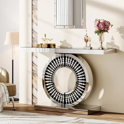Modern Mirrored Console Table with A Sparkling Crystal-encrusted Base, 43-inch Silver Console Table/decorative Table