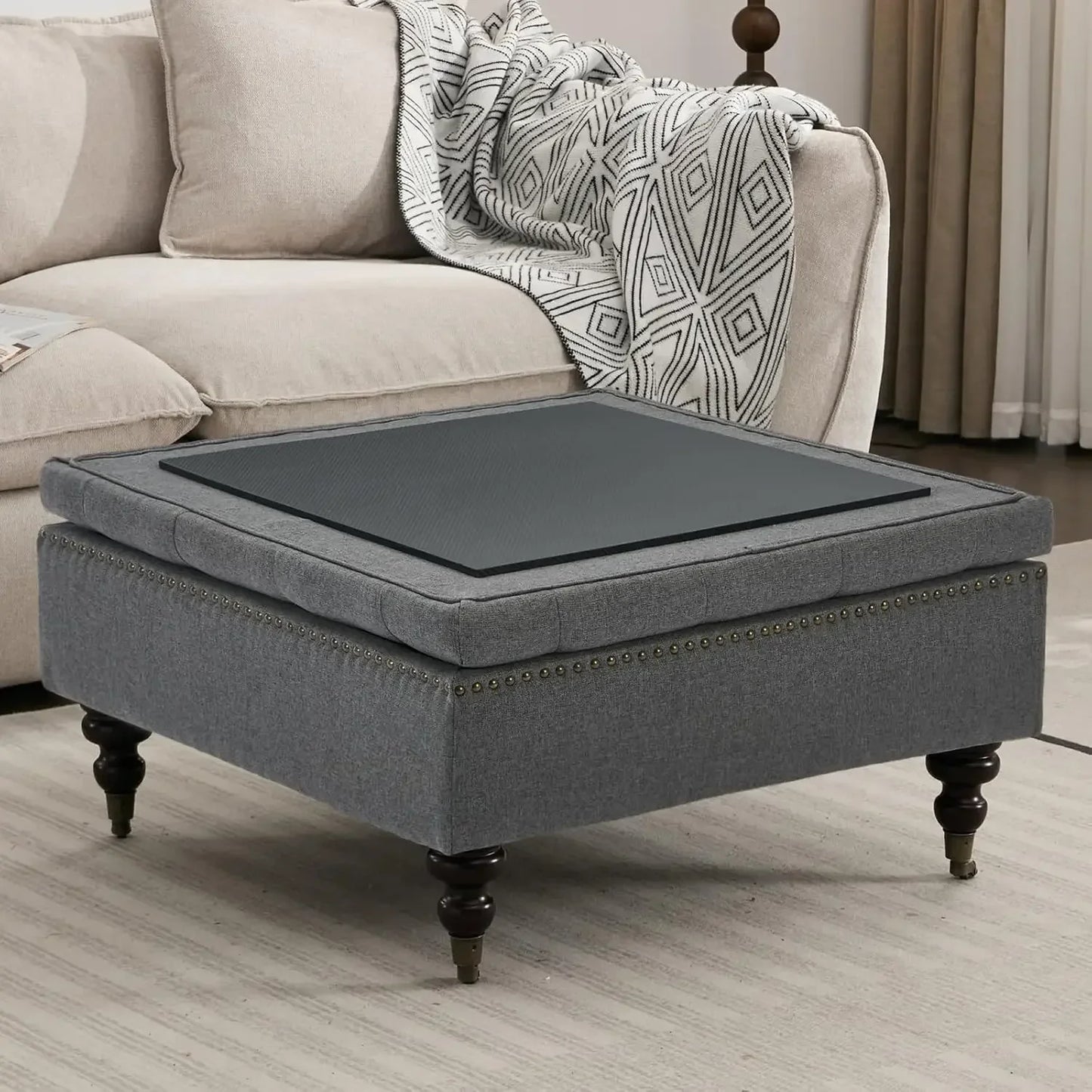 Large Square Tufted Storage Ottoman – Faux Leather Coffee Table with Wheels.