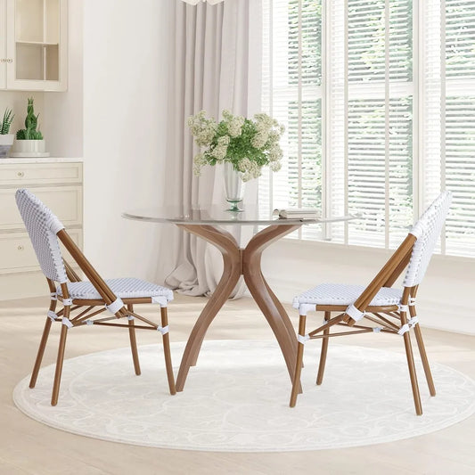 Colmar Bistro Chair – White & Gray Woven PE Seat & Back, Bamboo-Finish Aluminum Frame (Set of 2).