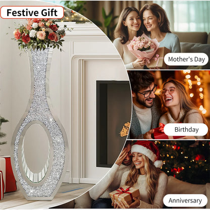 Decorative mirror with floral arrangement, surrounded by images of people celebrating special occasions.