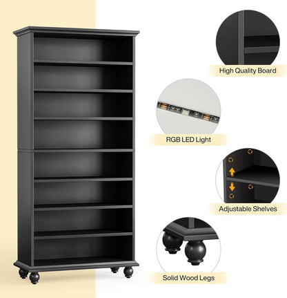 LED Bookcase with Solid Wood Legs – Freestanding Open Shelf Organizer for Living Room & Home Office.