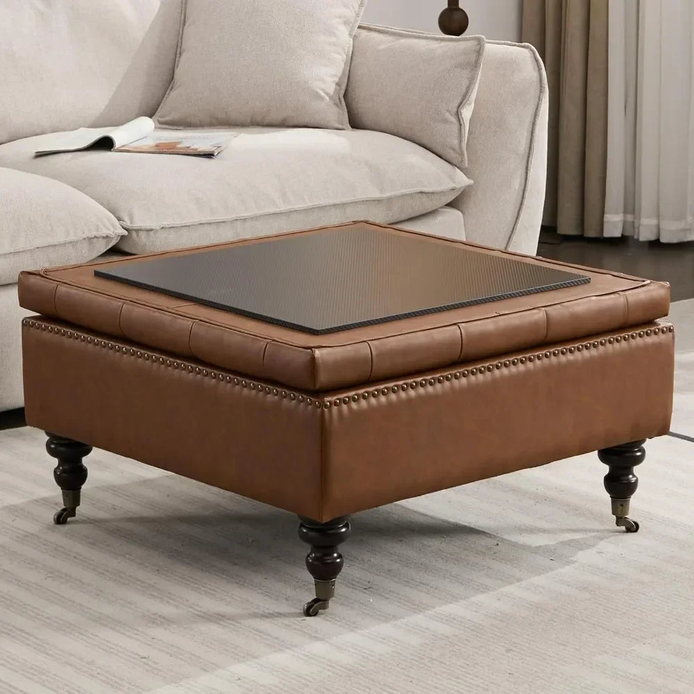 Large Square Tufted Storage Ottoman – Faux Leather Coffee Table with Wheels.