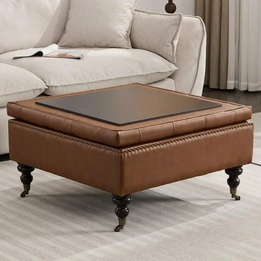 Large Square Tufted Storage Ottoman – Faux Leather Coffee Table with Wheels.