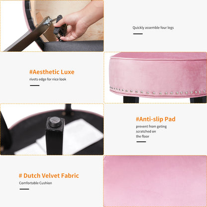 Collage of a pink stool with features highlighted, including assembly, aesthetic design, anti-slip pad, and fabric type.