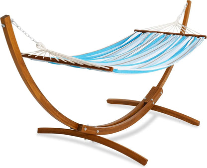 Cotton Hammock with 10.5ft Wood Arc Stand – Indoor &amp; Outdoor Relaxation Combo.