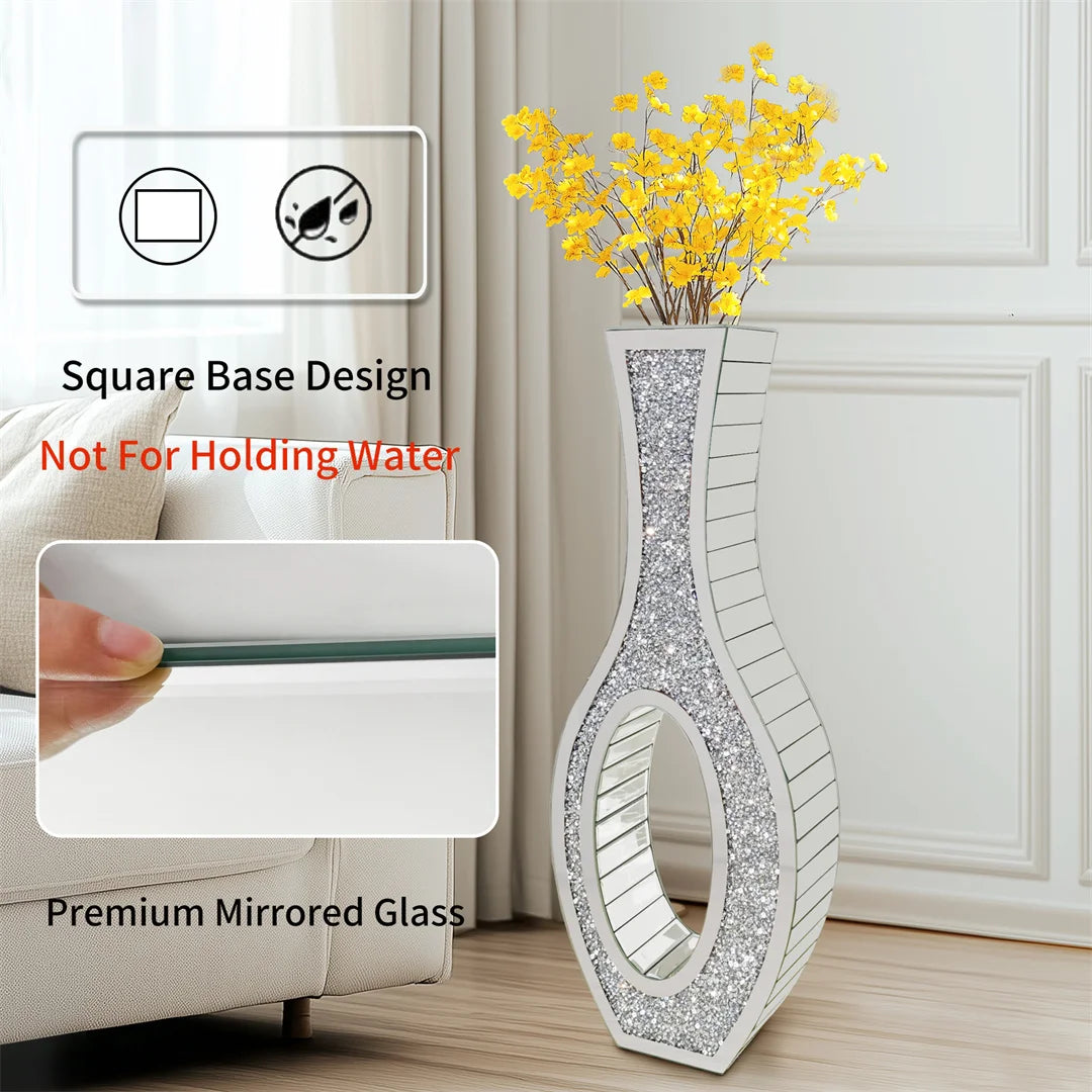 Decorative vase with yellow flowers on a wooden floor, featuring text about its design and material.