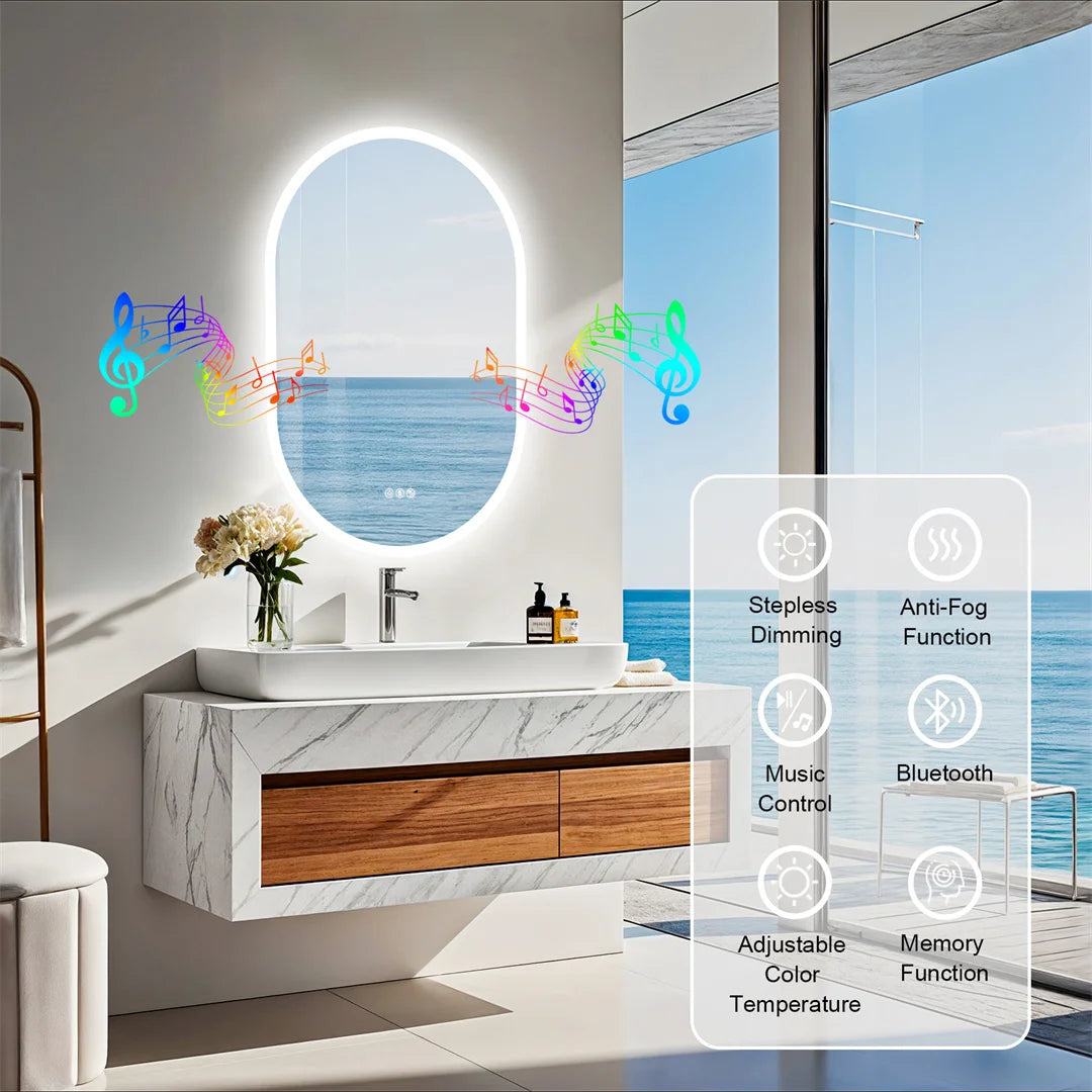 Bathroom with a smart mirror displaying music notes and control features.