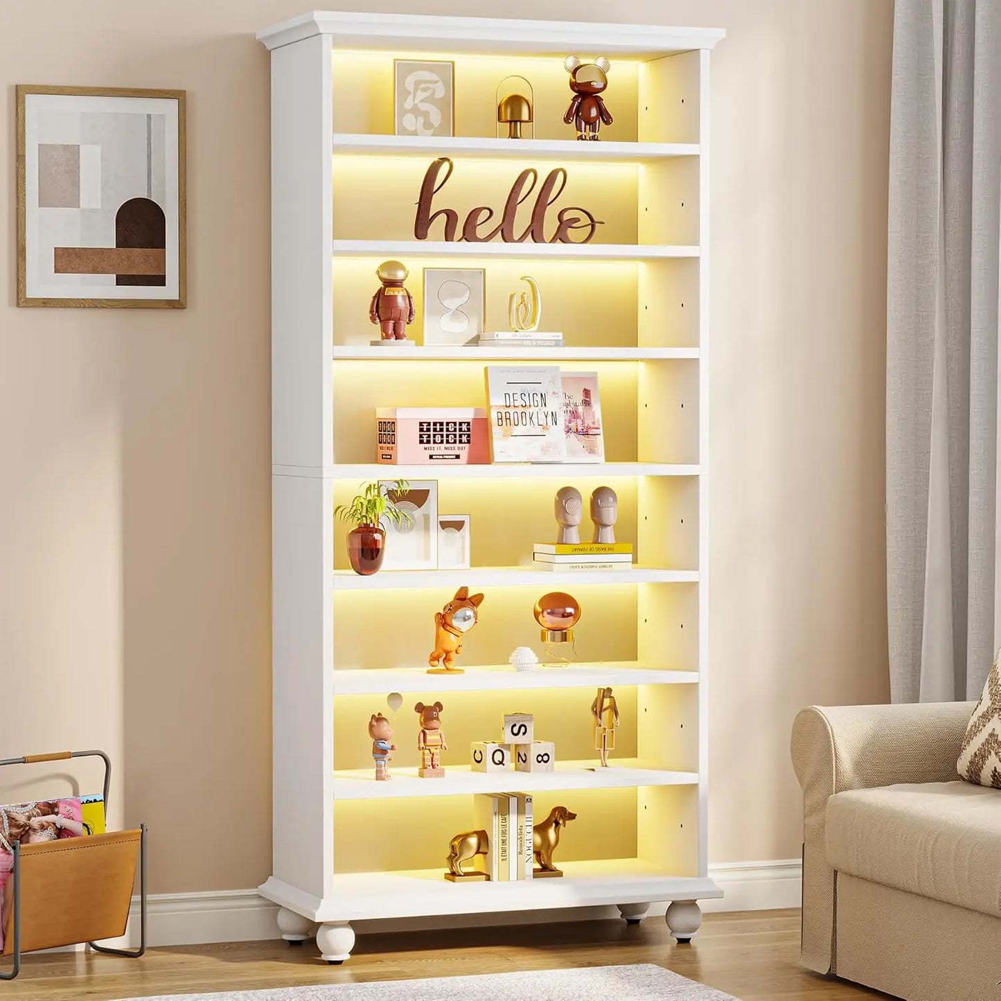 LED Bookcase with Solid Wood Legs – Freestanding Open Shelf Organizer for Living Room & Home Office.