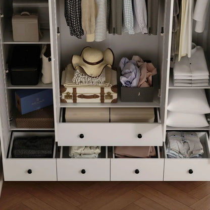 👉 Modern 4-Door Wardrobe Closet with Shelves, Drawers – Spacious Armoire Storage Cabinet