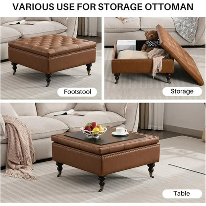 Large Square Tufted Storage Ottoman – Faux Leather Coffee Table with Wheels.