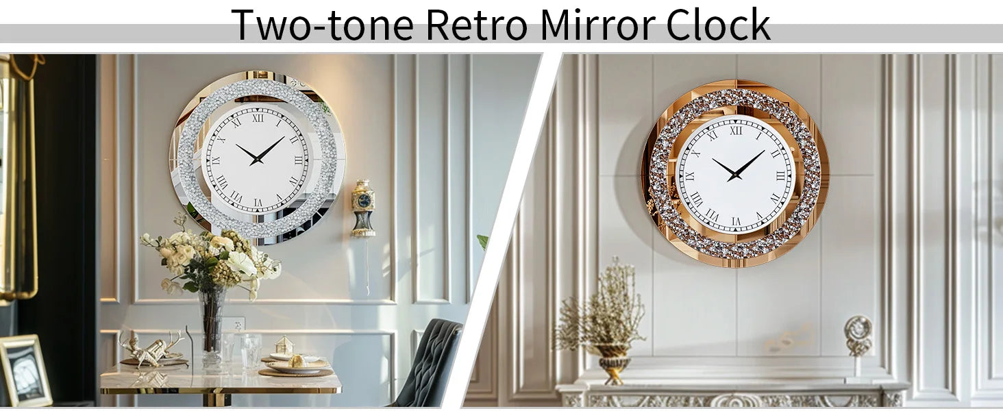 Two-tone retro mirror clock on a wall with decorative elements.