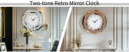 Two-tone retro mirror clock on a wall with decorative elements.