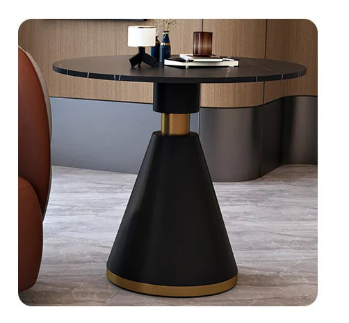 Modern black and brown dining table with text on a gray background