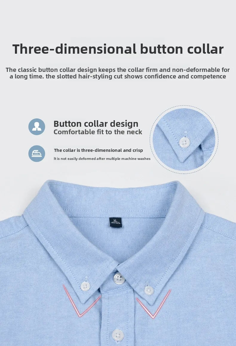 Blue shirt with a three-dimensional button collar and text describing its features.
