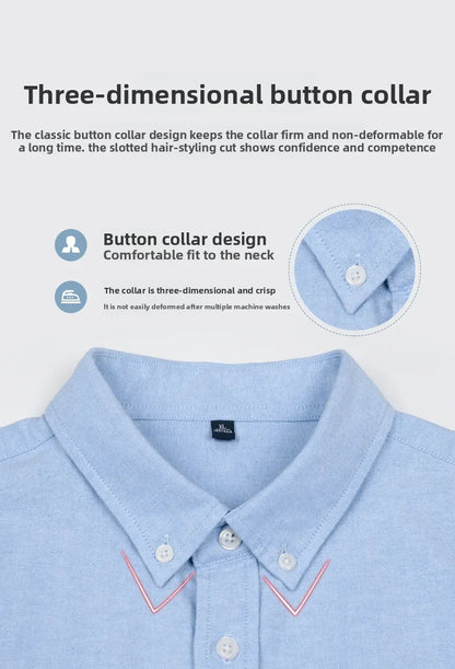 Blue shirt with a three-dimensional button collar and text describing its features.