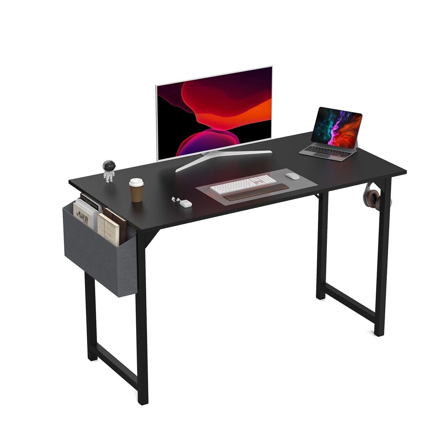 Modern Compact Computer Desk with Side Bag & Headphone Hook – Easy Assembly.